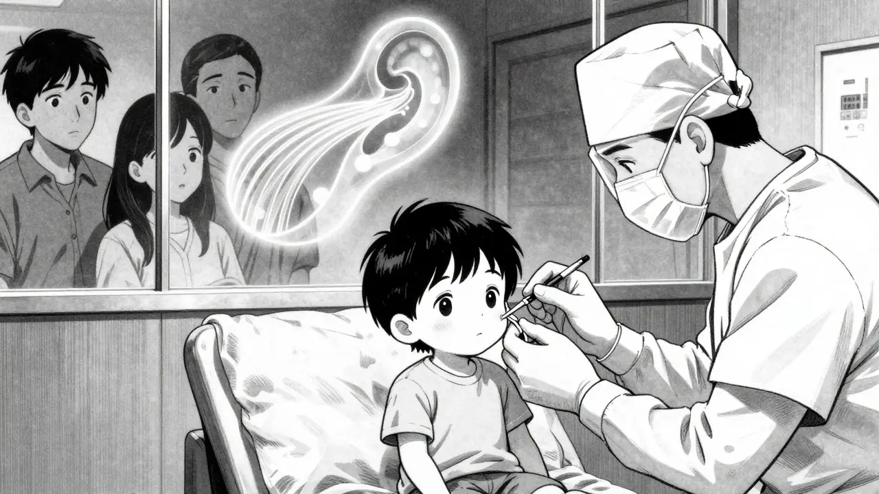 Child undergoes ear tube surgery with air flow diagram visible above, parents watching.