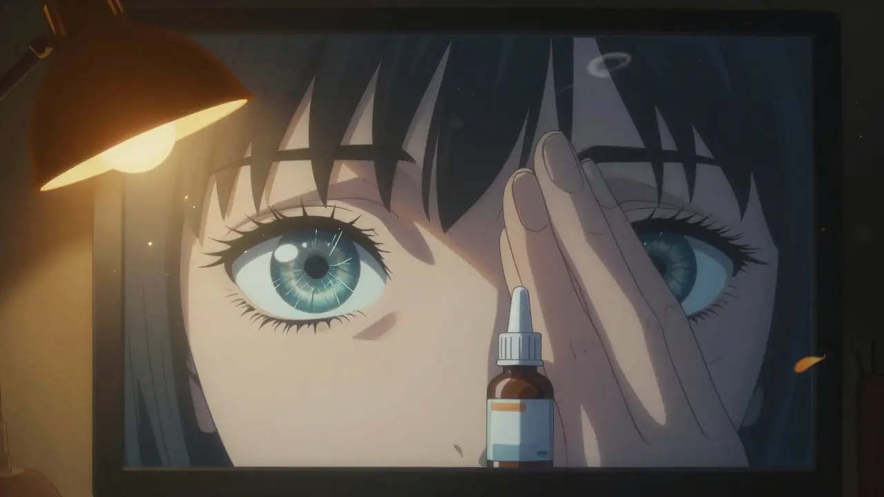 Close-up of eyes cracked with digital lines, reflecting a screen, as hands gently close them with eye drops nearby.