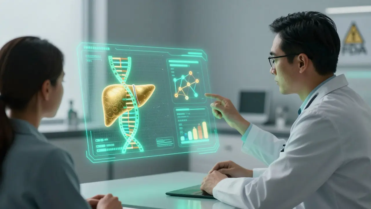 Digital genetic profile floating above clinic desk, doctor and patient in quiet contemplation.
