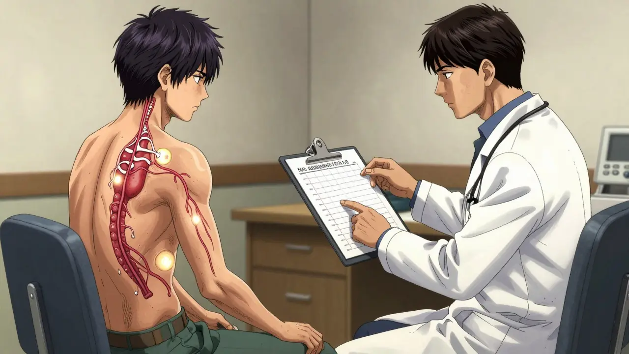 Doctor and patient reviewing a titration schedule as internal body changes are subtly illustrated.
