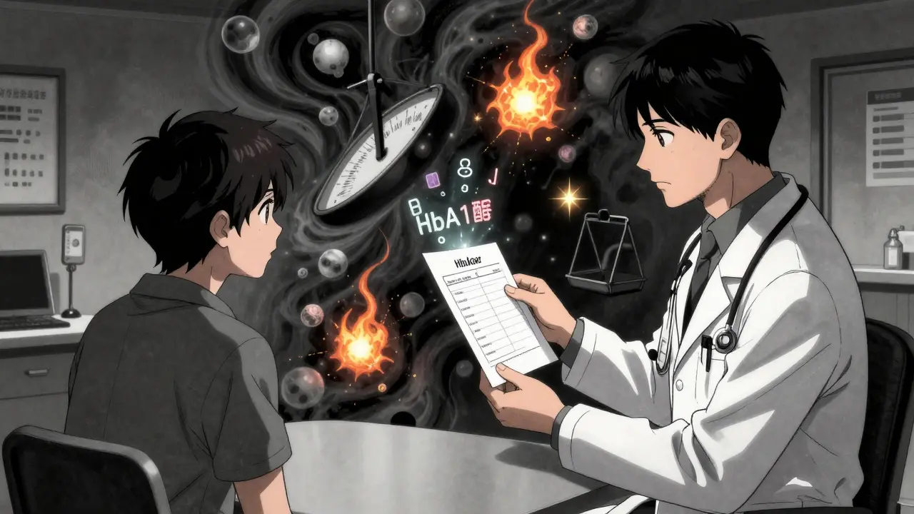 Doctor and patient reviewing blood results as metabolic symbols swirl around them in a clinical setting.