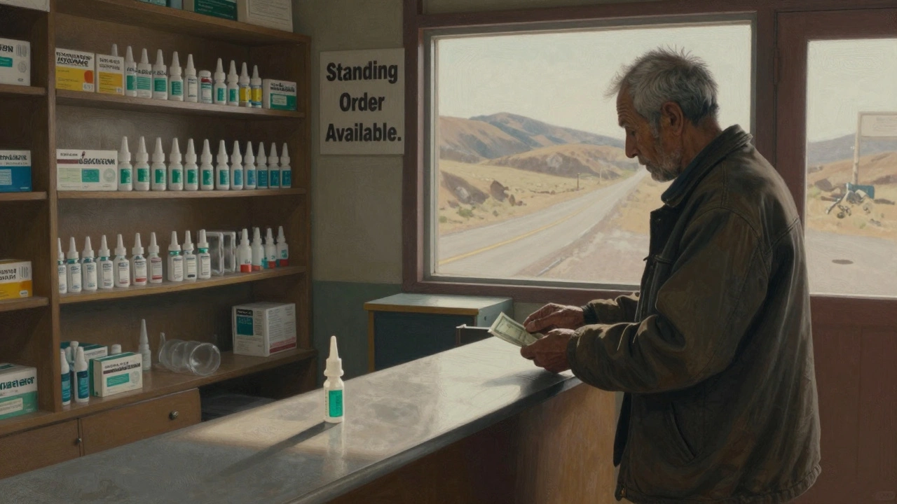Elderly man purchasing naloxone at a rural pharmacy with limited stock