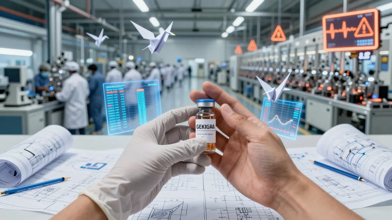 Hands holding a vial amid floating blockchain and AI data, with factories on either side.