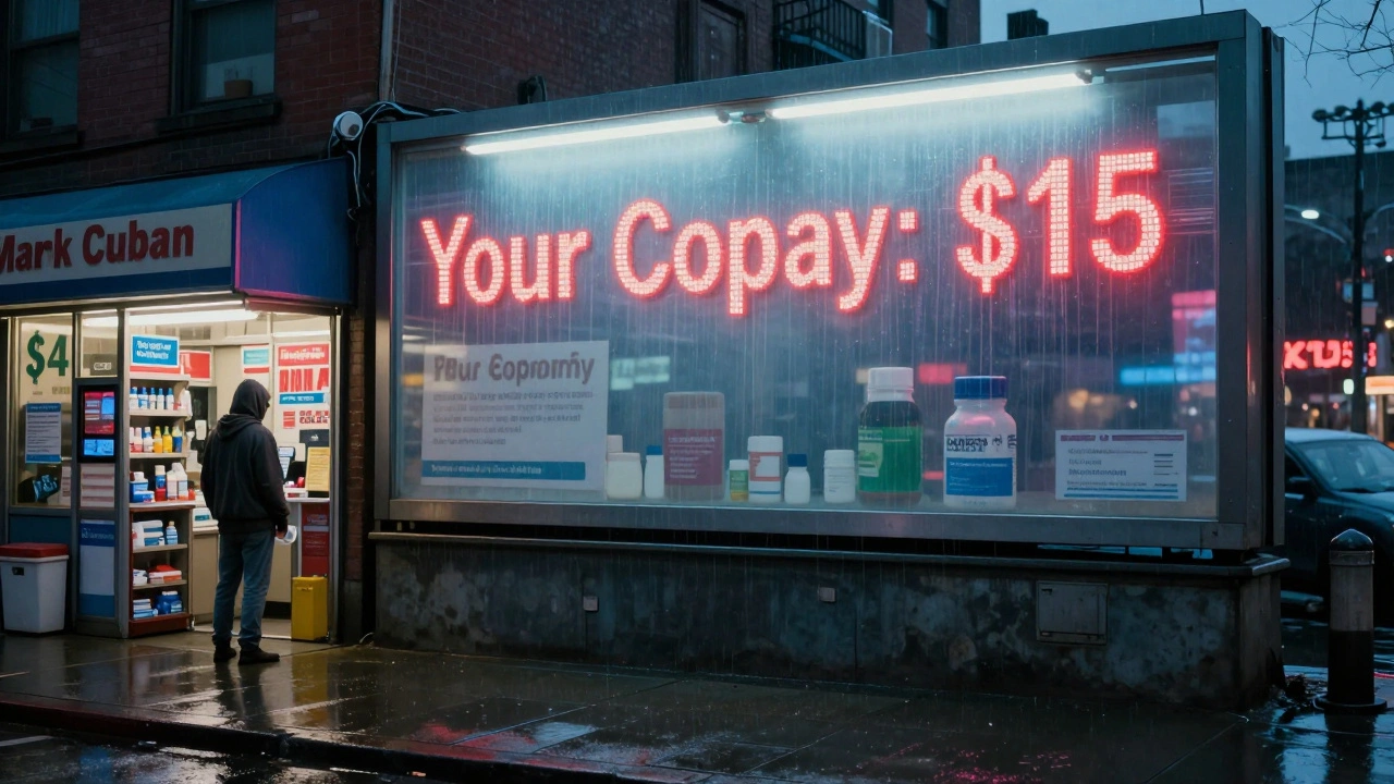 Man buys  generic drug from Mark Cuban kiosk as giant PBM billboard displays  copay behind him.