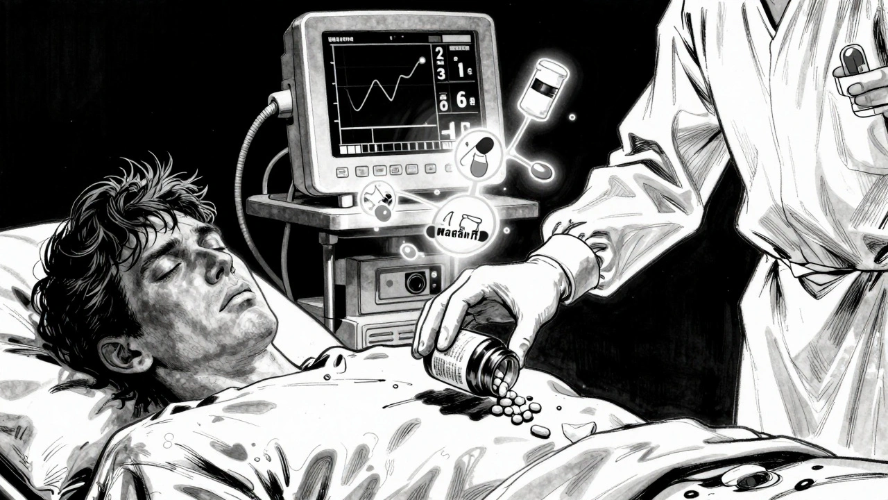 Man placing garlic supplements on surgery gurney, warning icons floating nearby.