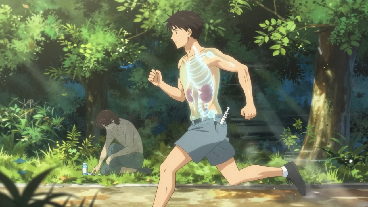 Man running in park with translucent body showing stable calcium levels, TransCon PTH syringe in pocket.