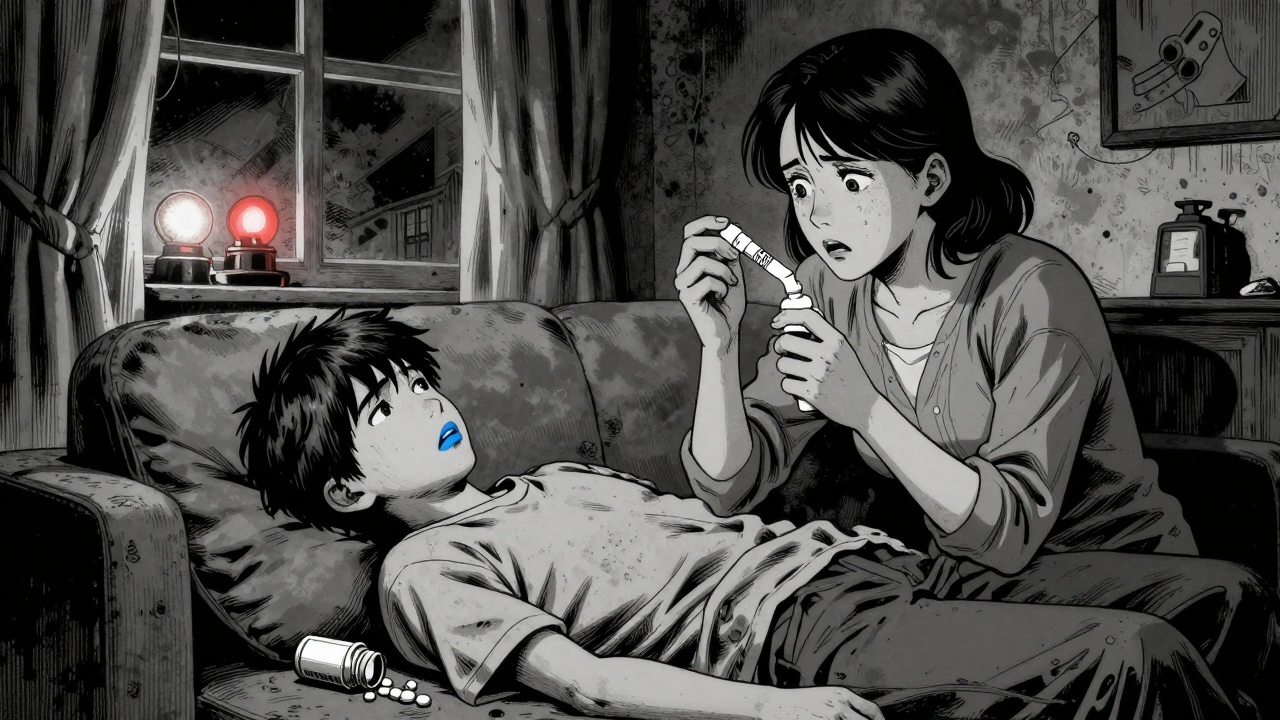 Mother administering naloxone to unconscious teenager during opioid overdose at home