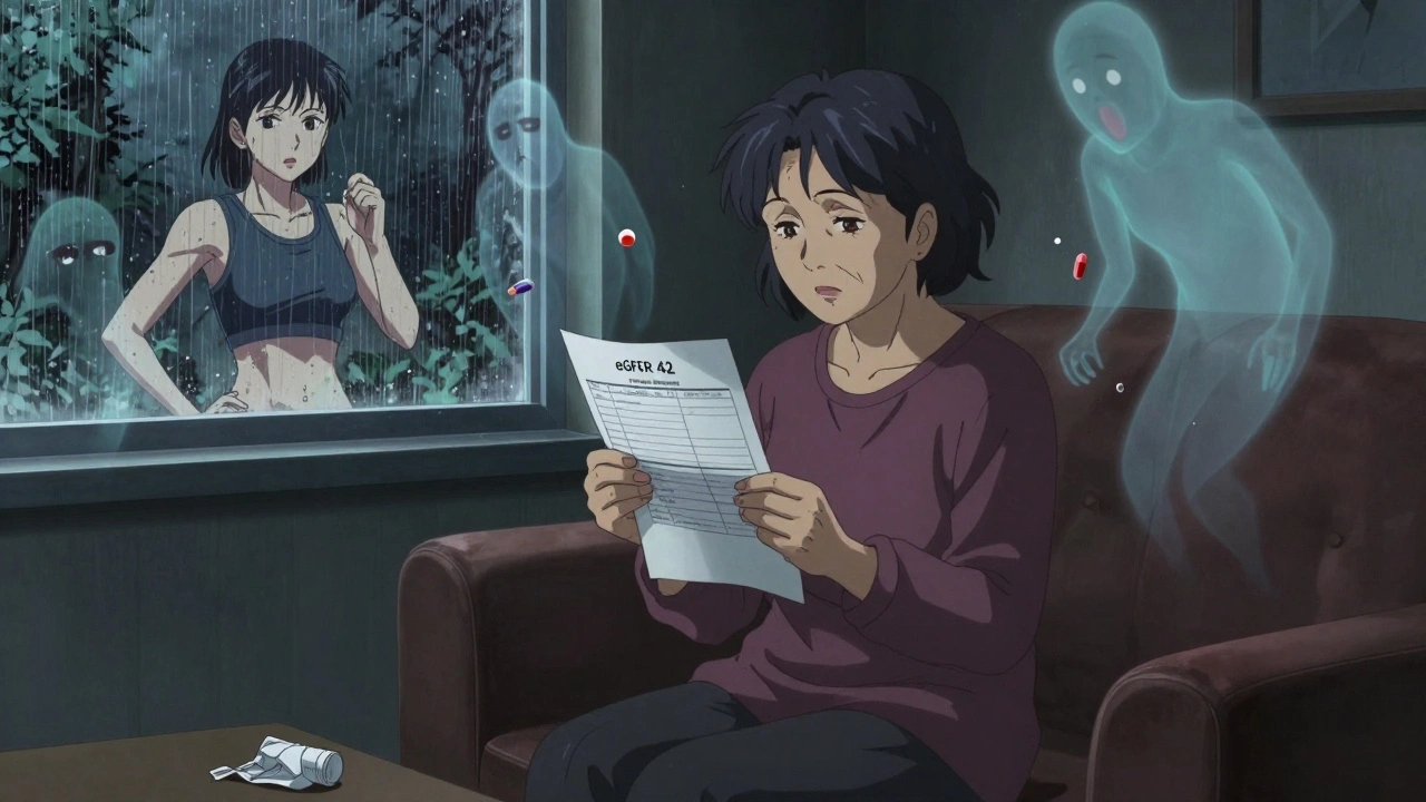 Old woman holding kidney test result, ghostly pills hovering around her, rain on window reflecting her younger self.