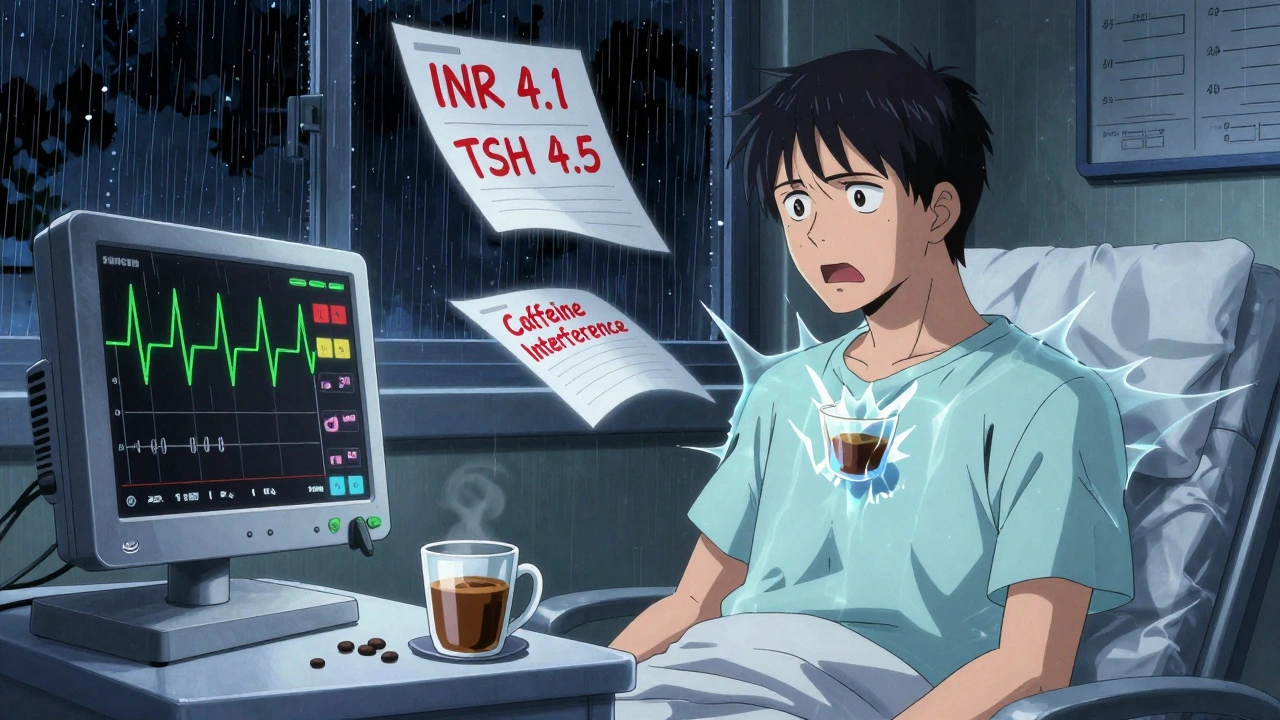 Patient in hospital with spiked ECG, ghostly caffeine figure looming over chest, medical alerts visible.
