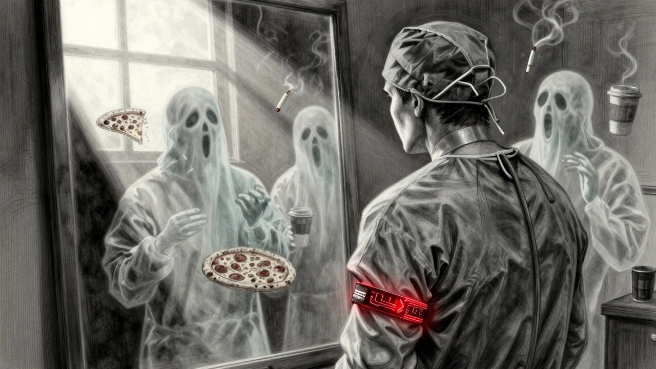 Person with LINX device glowing on esophagus, past triggers dissolving into smoke under morning light.