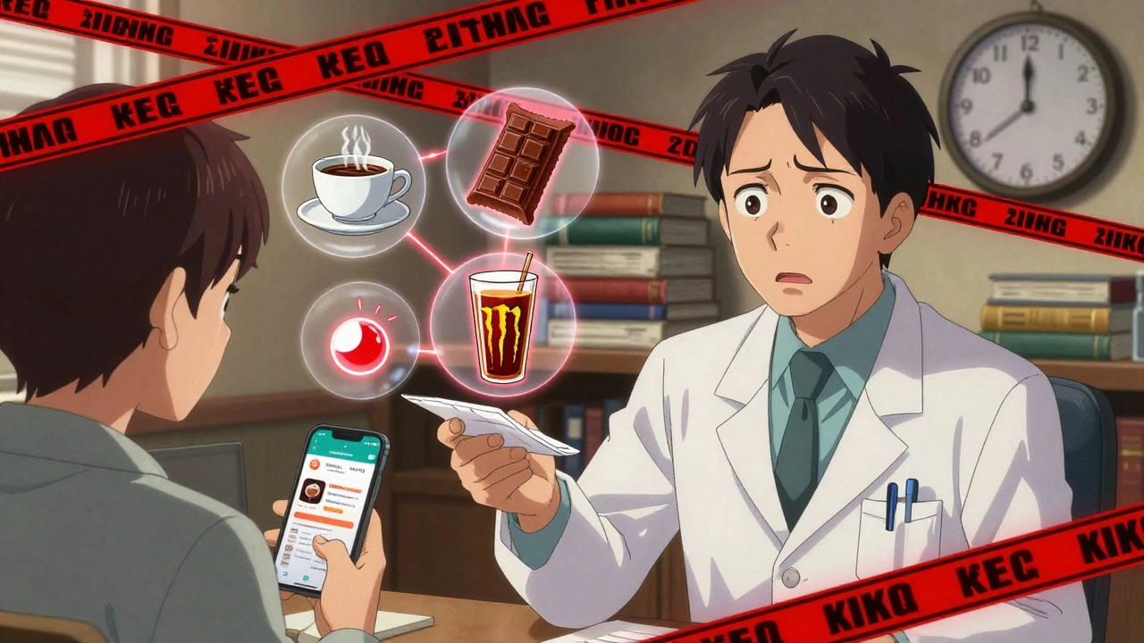 Pharmacist handing prescription as caffeine icons chain to pills, customer unaware of hidden dangers.