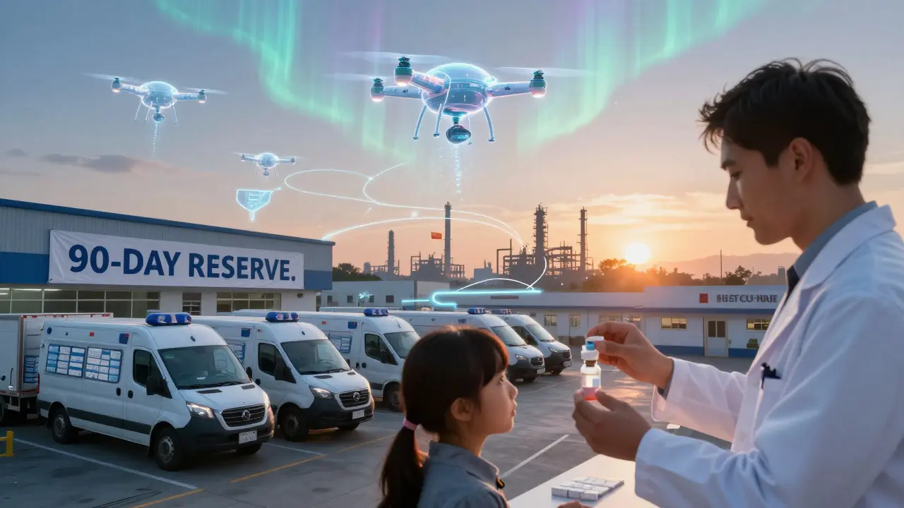 Regional pharmaceutical hub at dawn with drones and buffer stock being delivered to hospitals.