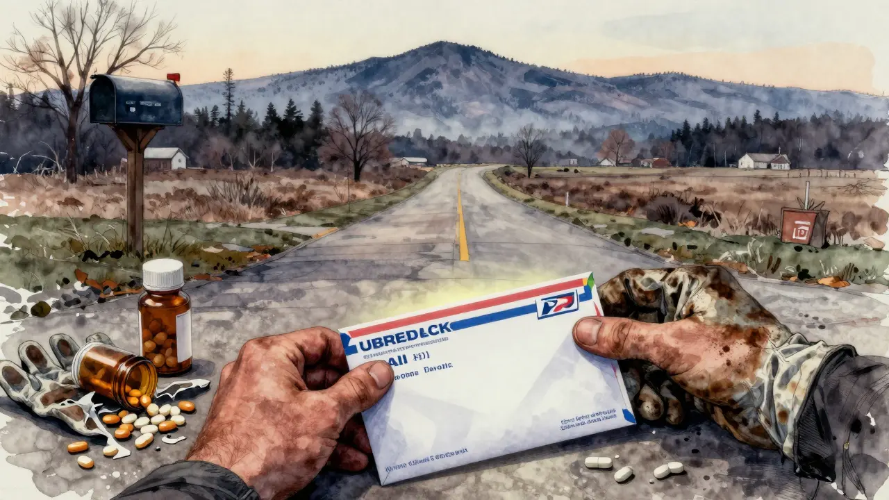 Sealed mail-back envelope with pills on driveway near mailbox at dawn.