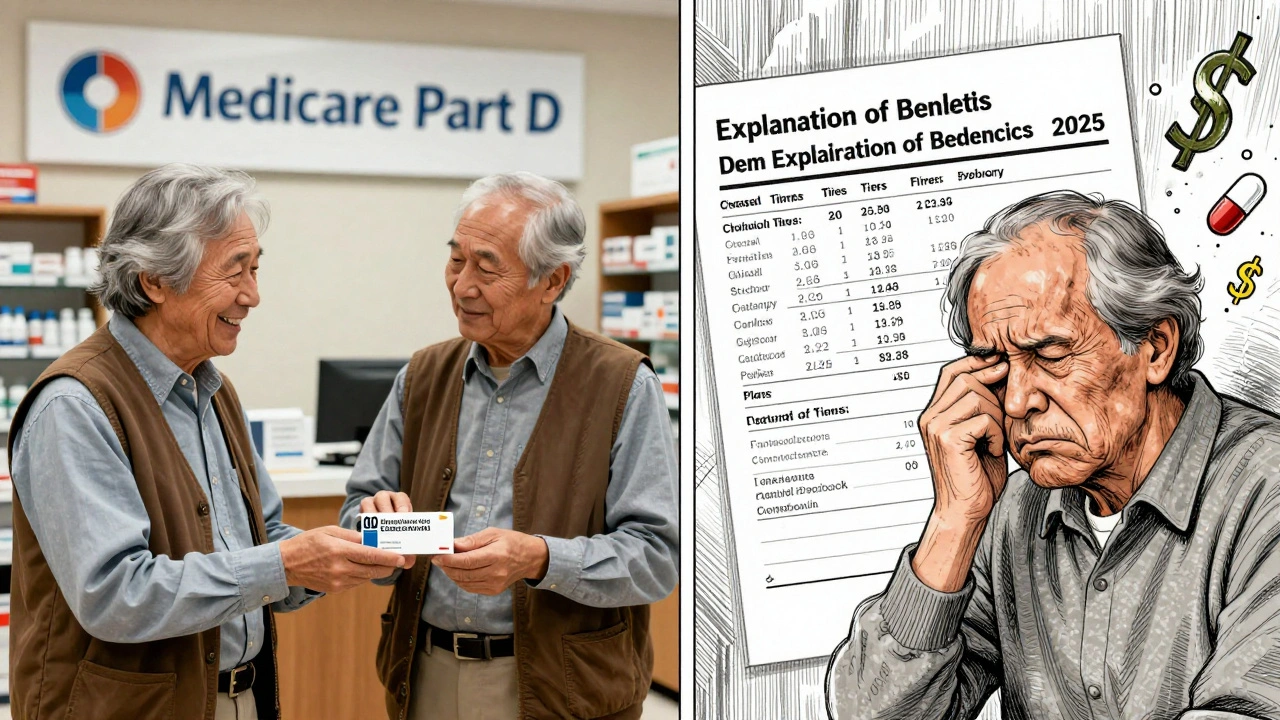 Senior citizen smiles at <h2>The Rise of Direct-to-Consumer Models</h2> copay generic, then frowns at EOB showing PBM pricing details in 2025.