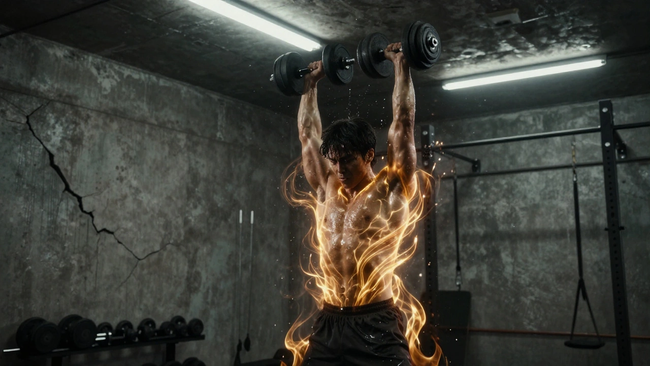 Someone lifting weights in a dim gym, golden energy radiating from their body, representing post-exercise metabolism.