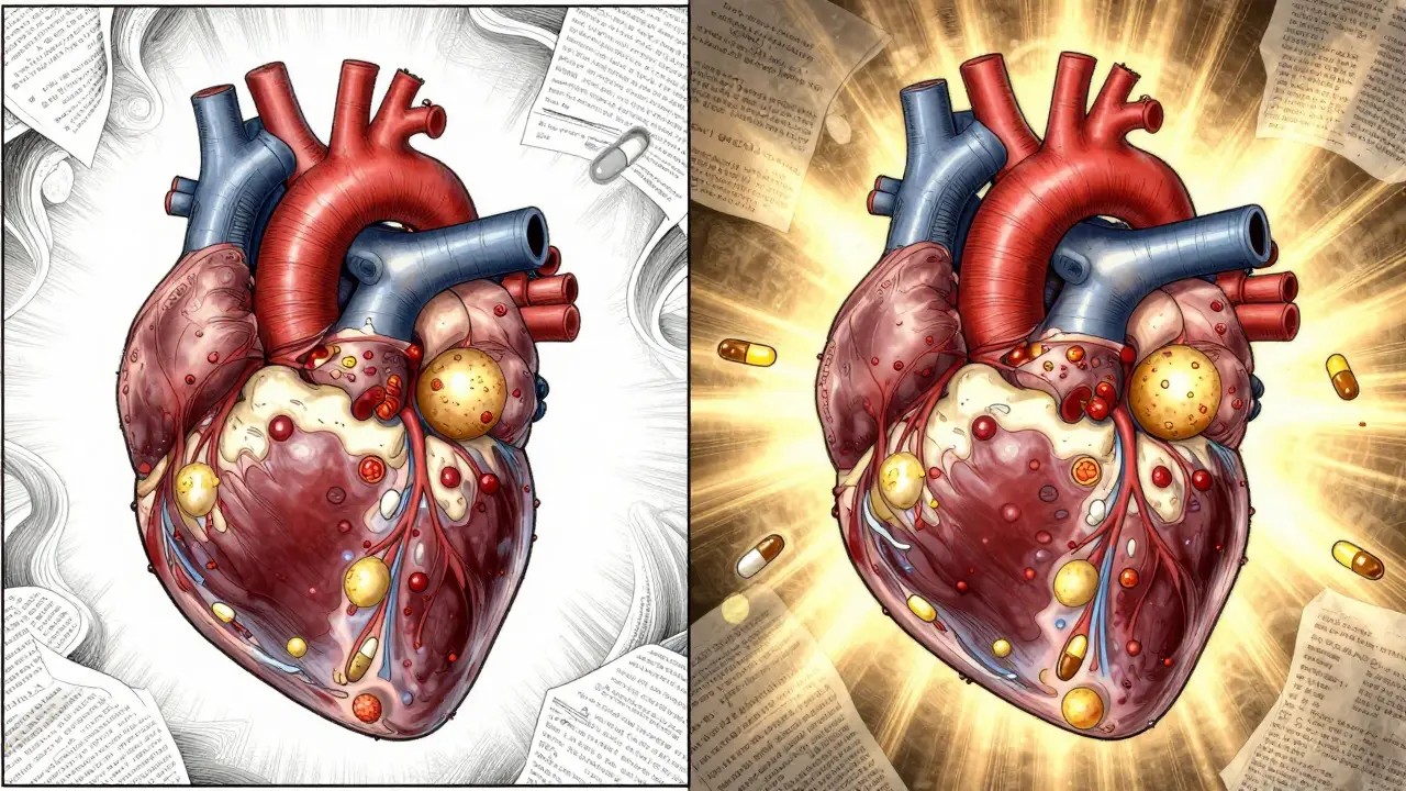 Split image: damaged heart and liver healing as statin molecules dissolve fat and inflammation