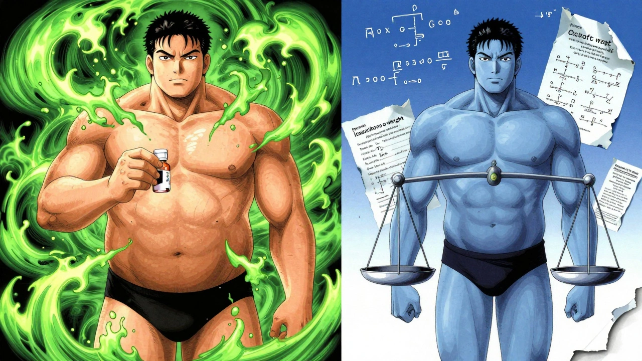 Split image: obese man overdosed with vancomycin vs. correctly dosed with adjusted weight, floating formulas in background.