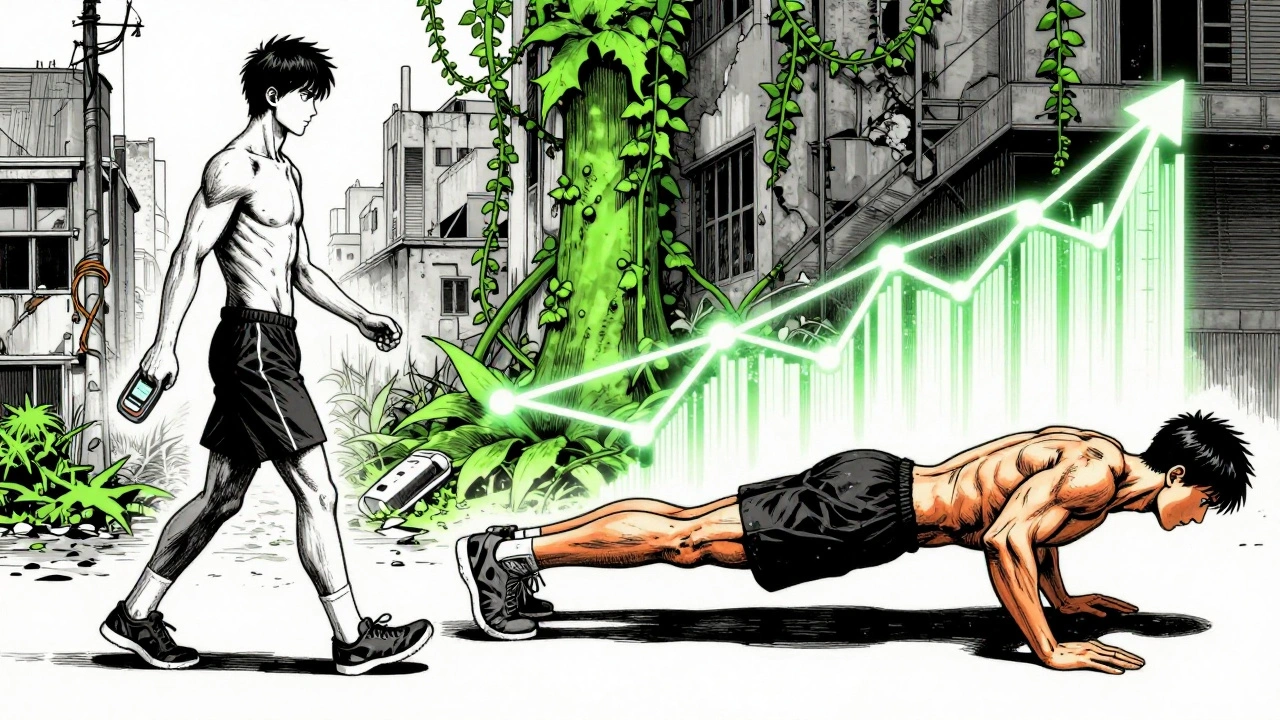 Split image showing cardio and strength training transforming a person’s body over time, with vines symbolizing growth.