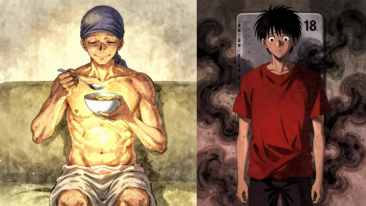 Split scene: a cancer patient gaining strength from food on one side, a person horrified by weight gain on the other.