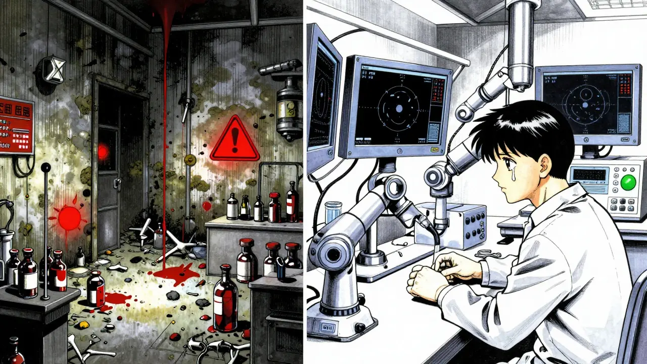 Split scene: chaotic old lab vs. modern cleanroom with AI monitors and robotic arms, symbolizing pharmaceutical evolution.