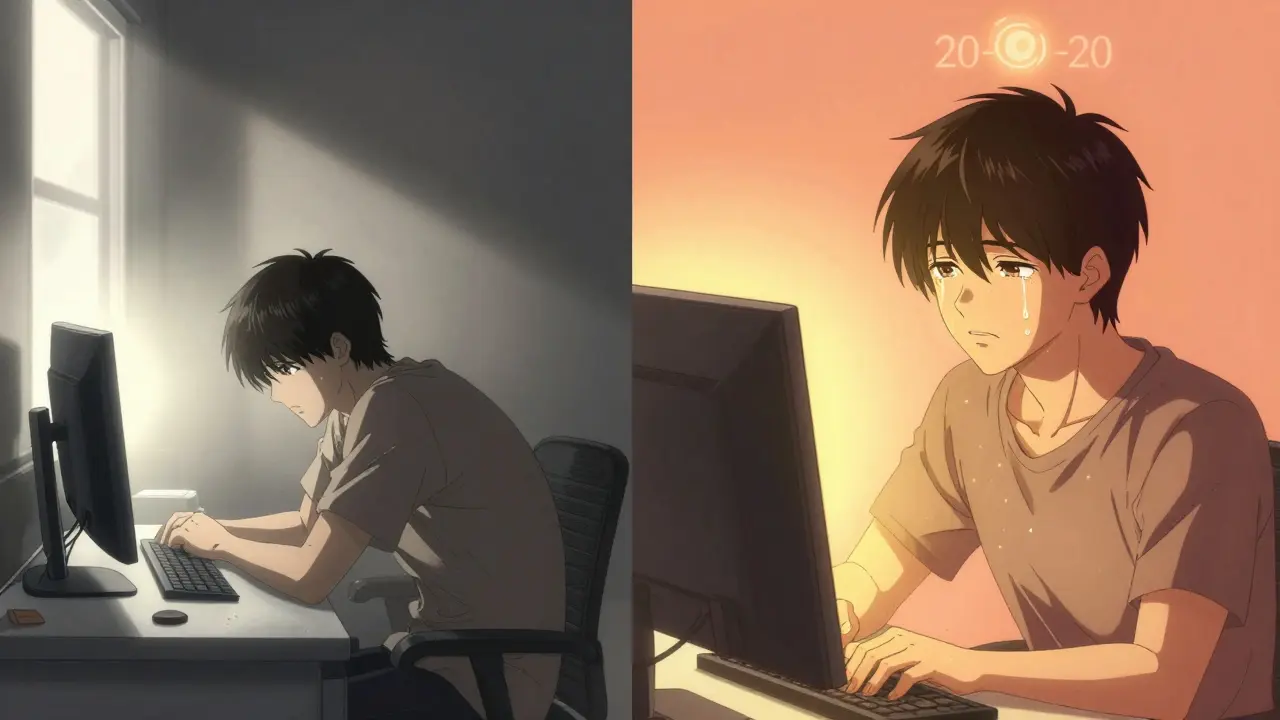 Split scene: left shows poor ergonomics and glare, right shows corrected setup with glowing tear-film and relaxed eyes.