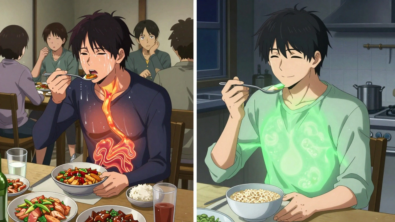 Split scene: person suffering from GERD at dinner vs. healed and eating peacefully at night.