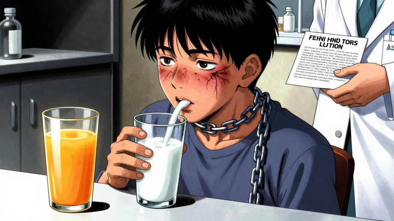 Teen taking iron with milk as dark chains bind his throat, orange juice unopened nearby.