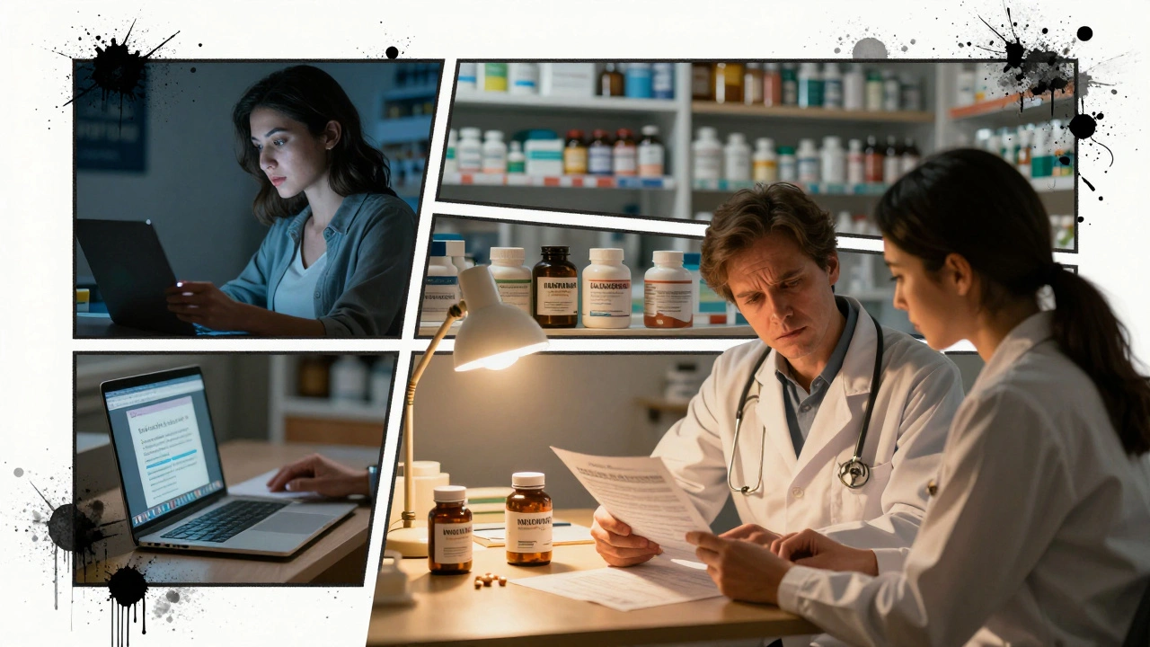 Three-panel scene showing supplement risks and eventual honest conversation with doctor.