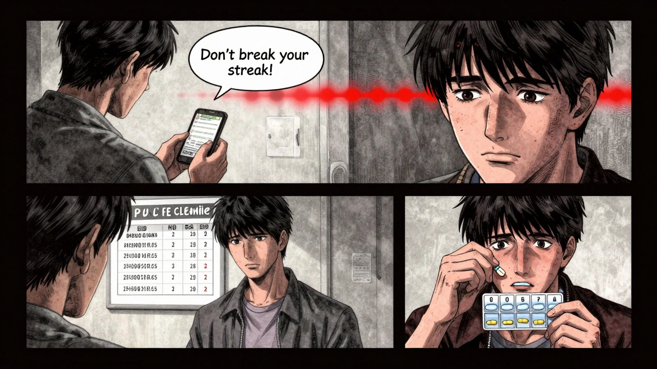 Three patients respond to behavioral nudges: a text reminder, public adherence chart, and simplified pill organizer.