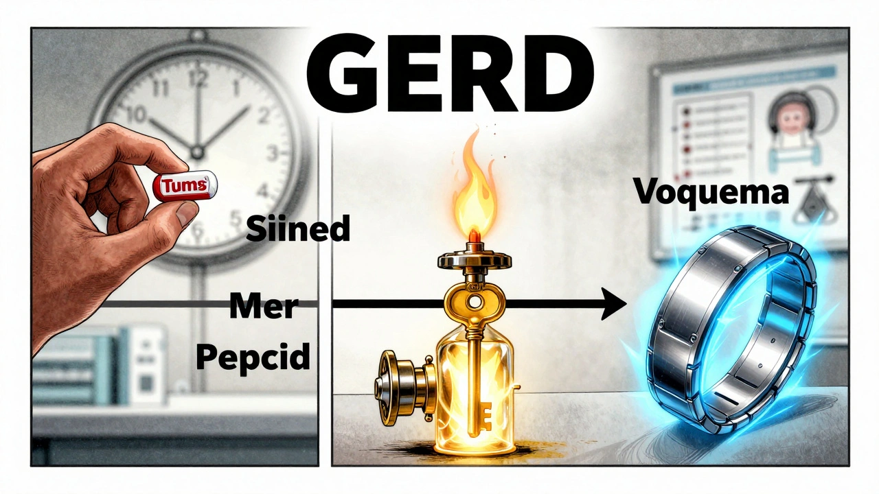 Timeline of GERD medications shown as symbolic objects from antacids to advanced P-CAB treatment.