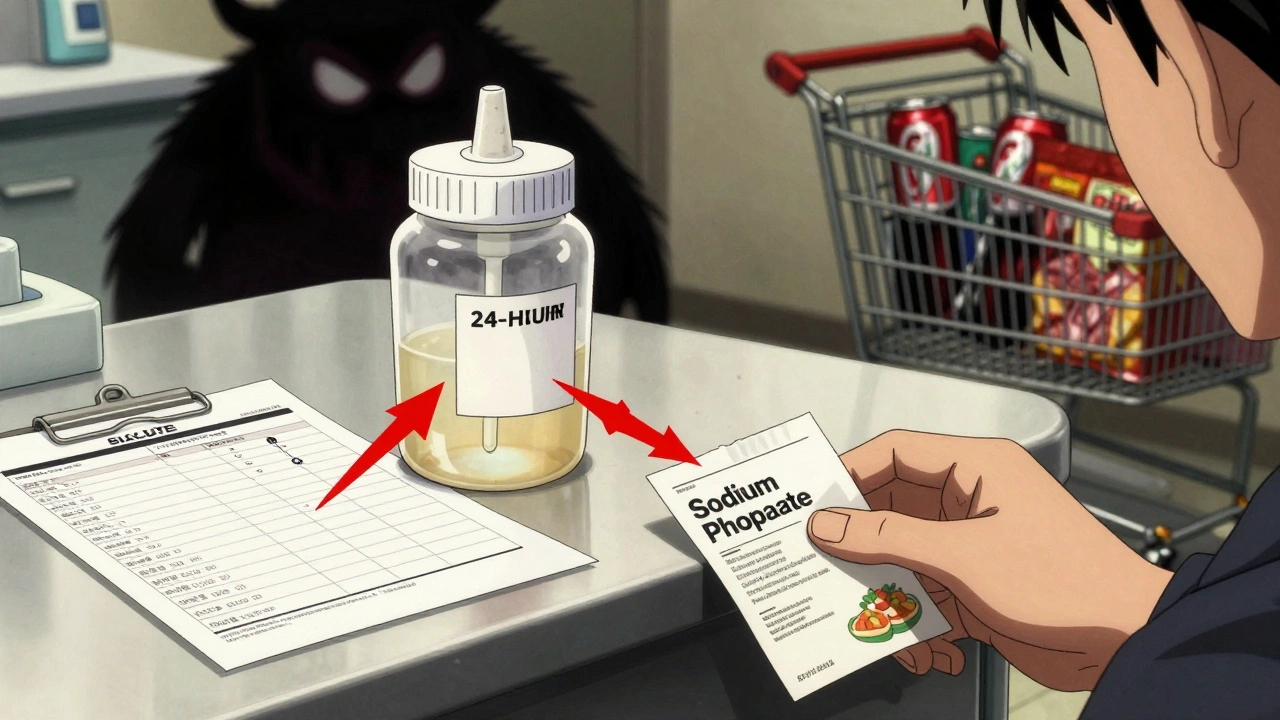 Urine jug and blood test report with high calcium and phosphorus levels, food label showing sodium phosphate.