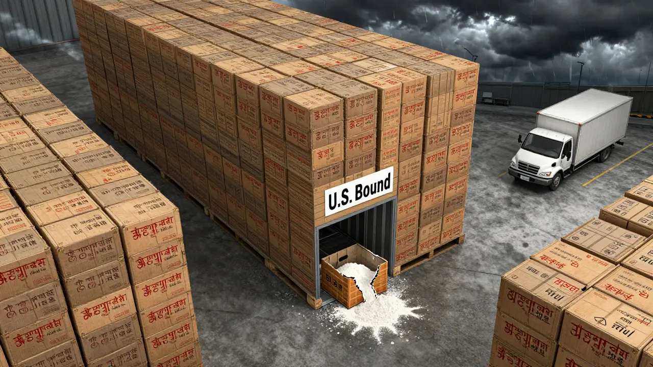 Warehouse with generic drug crates from Asia, one leaking powder, under stormy sky.