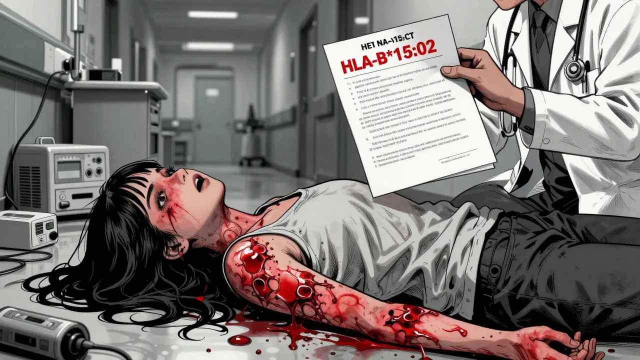 Woman collapsing with severe skin rash, doctor holding genetic test with red HLA marker.