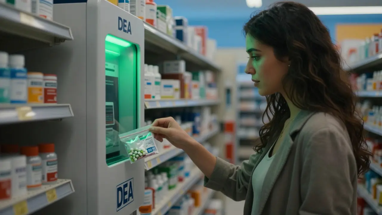 Woman dropping expired meds into a pharmacy take-back kiosk with green light glowing.