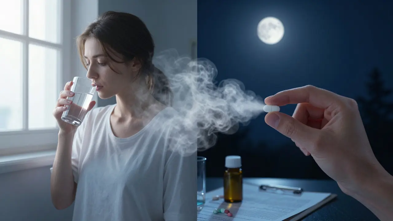 Woman taking thyroid medication in morning light, calcium tablet at night with blocking ghost cloud.
