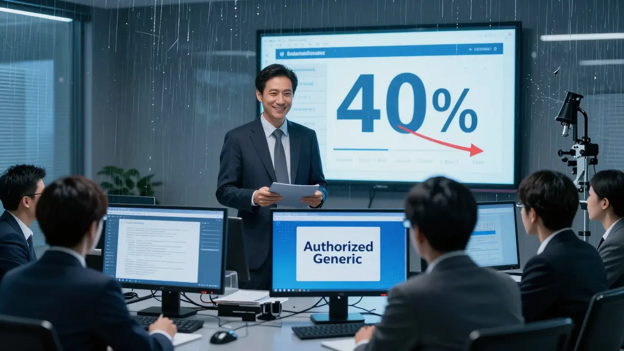 A CEO watches an Authorized Generic launch beside their product as a rival’s market share plummets.