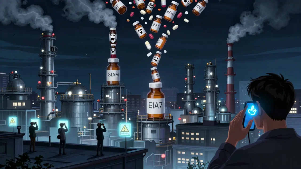 A cityscape with falling pill bottles that turn into screaming faces under glowing FDA warnings.