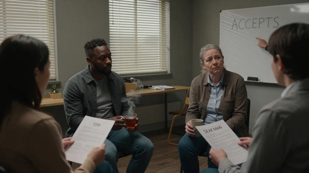 A DBT skills group in a quiet community center, focusing on worksheets and therapeutic guidance.