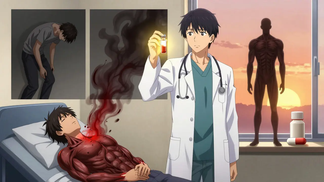 A doctor holds a blood vial as muscle pain dissipates into smoke, patient standing tall beside medication.