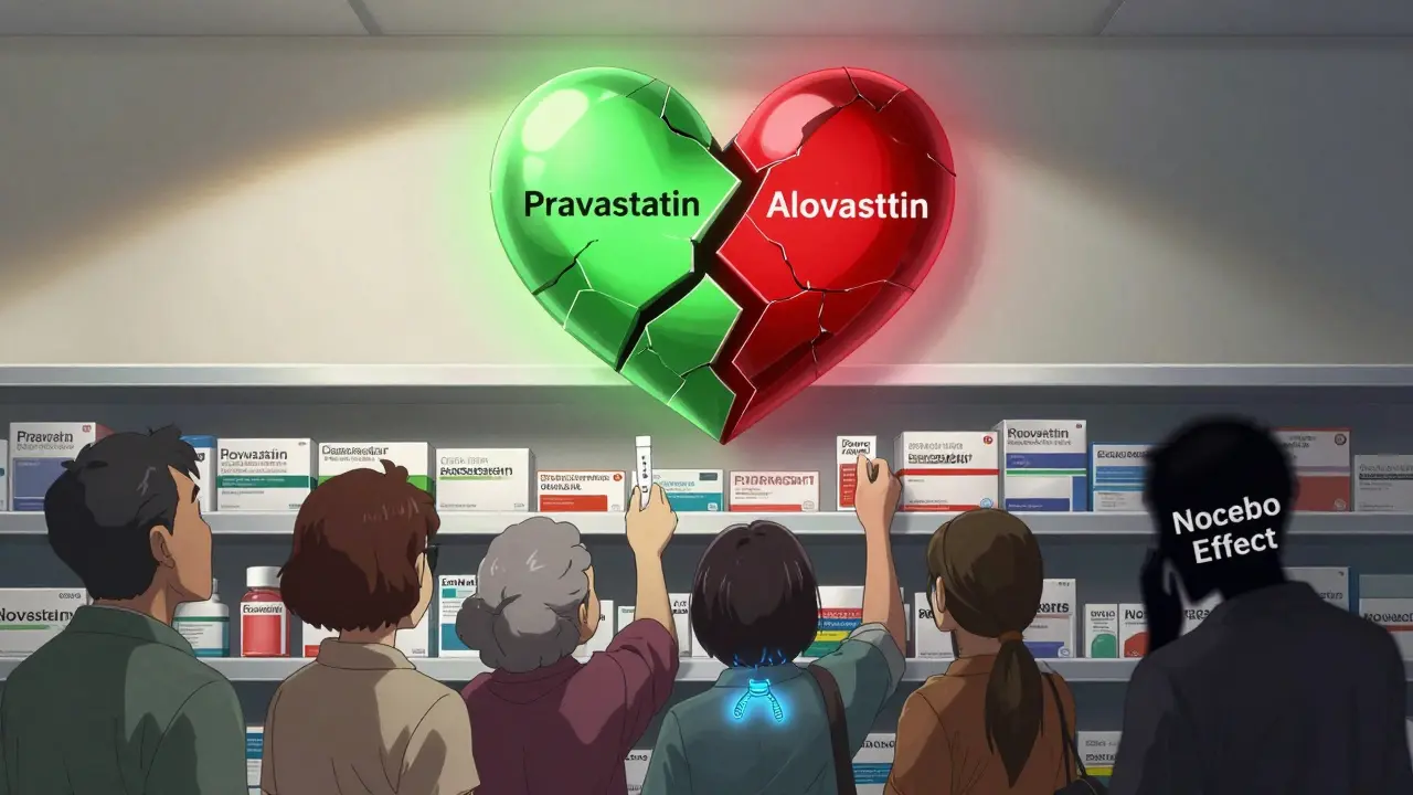 A fractured heart above pharmacy shelves, safe statins glowing green, dangerous ones red, thyroid test in foreground.