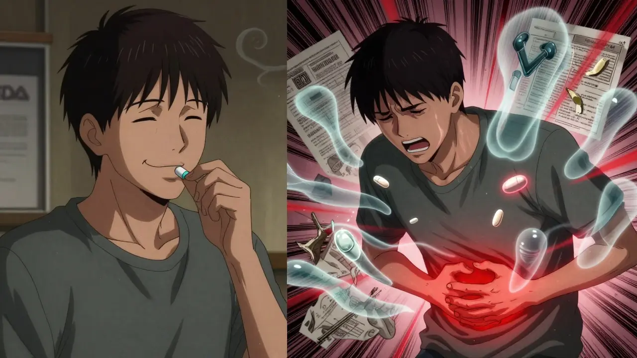 A patient swallowing a pill, with ghostly excipient molecules causing internal distress on one side.