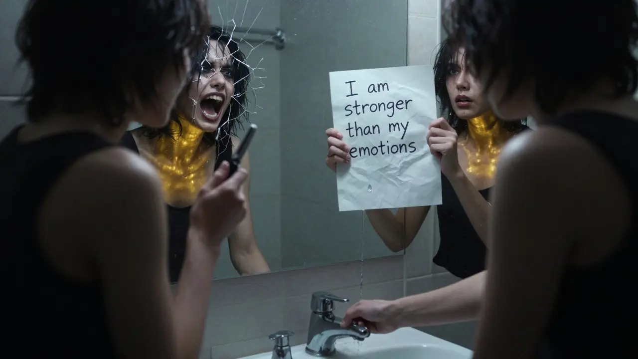 A person at the mirror, split between self-harm urge and crisis plan with affirmation.