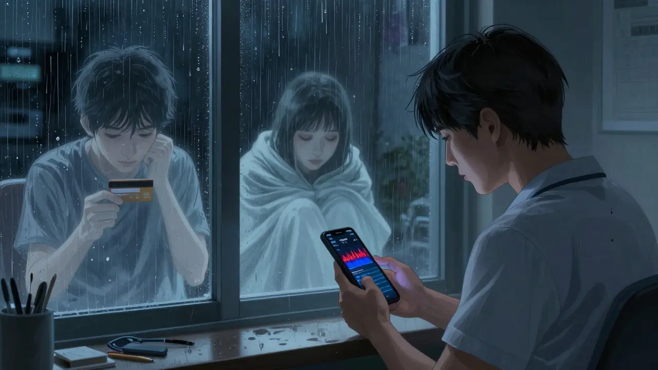 A person checking a mood app at night, with ghostly past selves of depression and mania haunting the room in detailed anime shading.