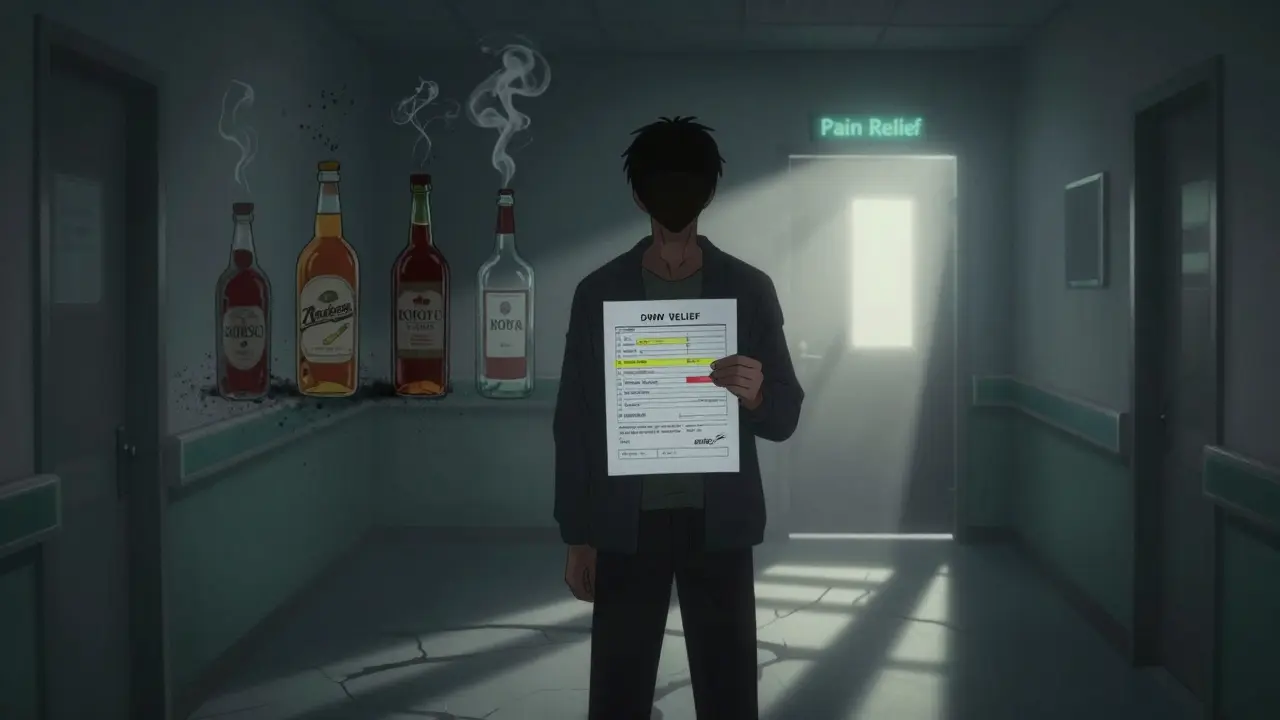 A person in a hospital hallway holding a blood report, alcohol and smoke dissolving into ash, a distant glowing door ahead.