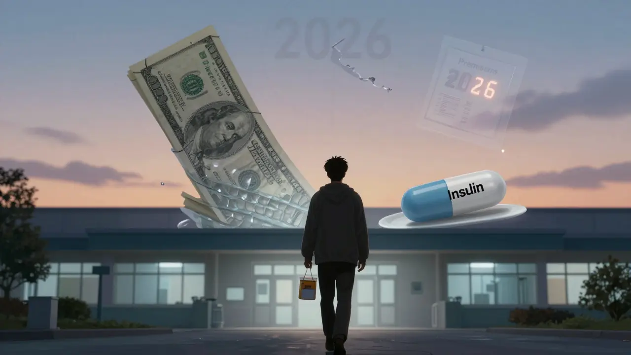 A person walking away from a hospital as a massive scale tilts under insurance premiums and a single pill under dusk light.