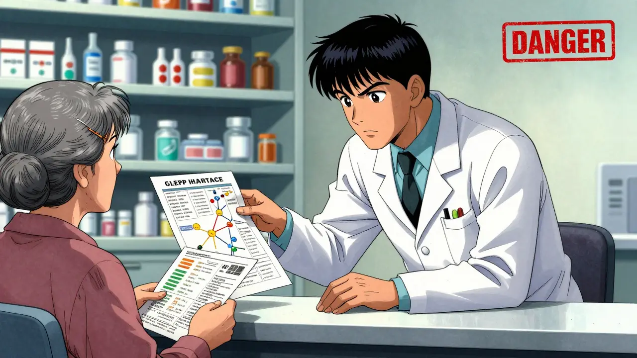 A pharmacist and patient reviewing a drug interaction chart in a pharmacy under harsh fluorescent lighting.
