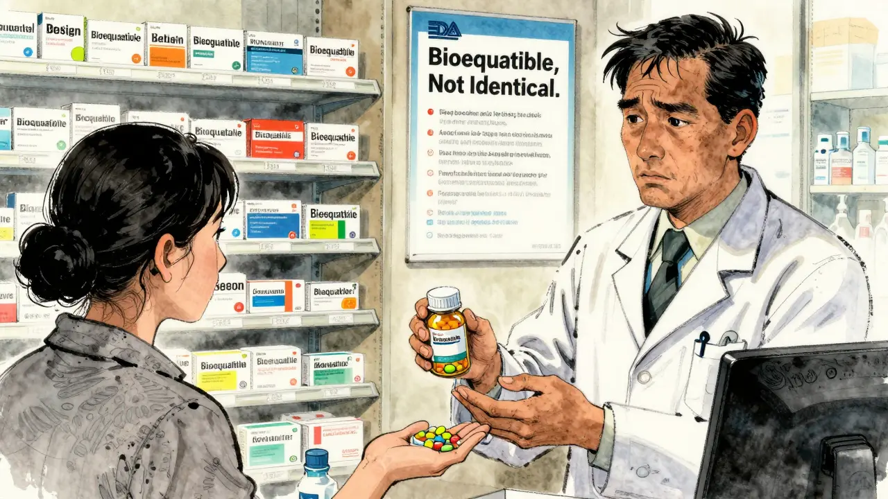 A pharmacist hands a new pill bottle to a patient amid shelves of generic drugs with varying colors and labels.