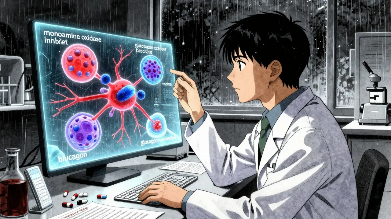 A scientist viewing holographic excipient molecules interfering with human cell receptors in a dim lab.