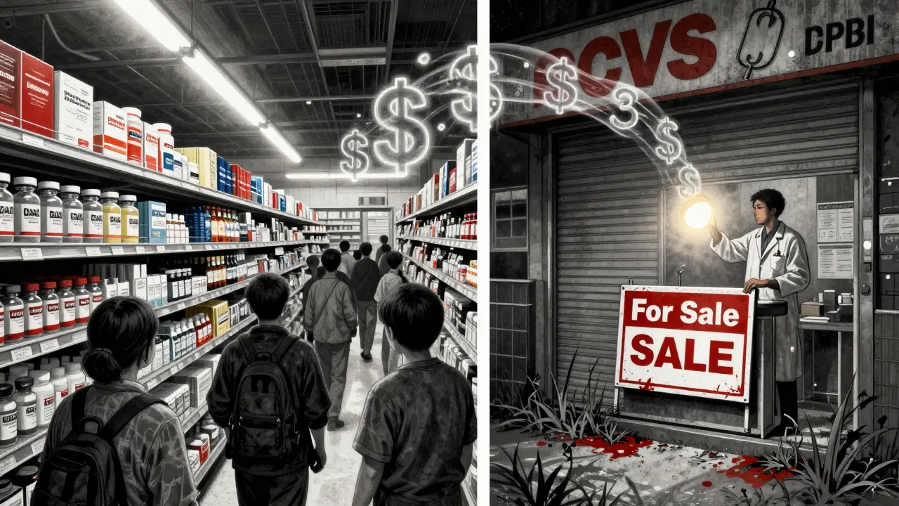A thriving chain pharmacy contrasts with a closed independent one, as dollar signs flow away from the pharmacist to corporate entities.