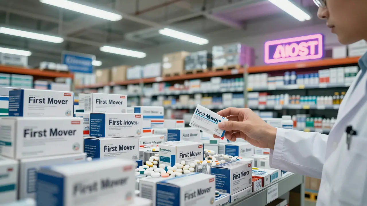 A warehouse floods with first-mover generics while later versions gather dust under flickering lights.